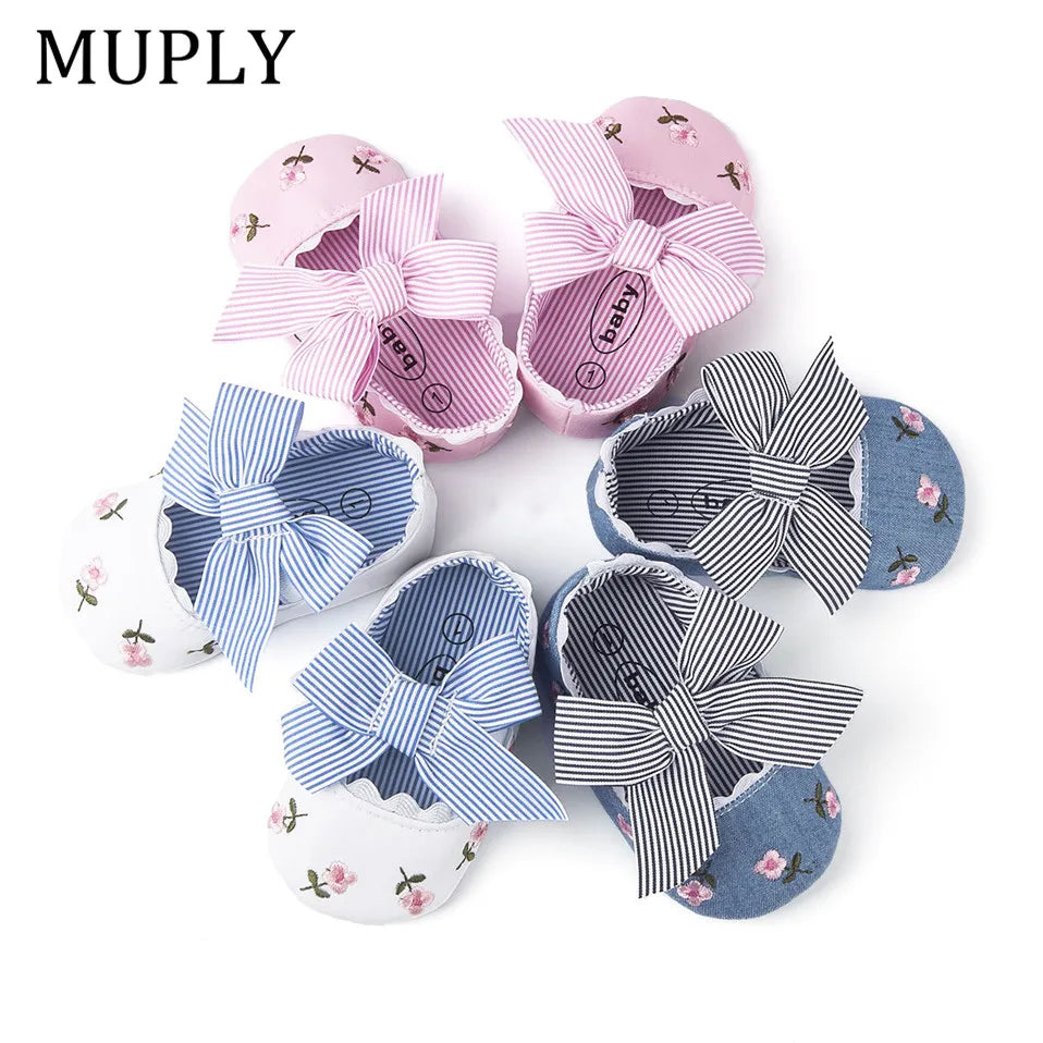 2023 Floral Embroidery Baby Shoes For Newborn Baby Girl Striped Bow First Walker Soft Soles Cute Toddler Anti-Slip Princess Shoe